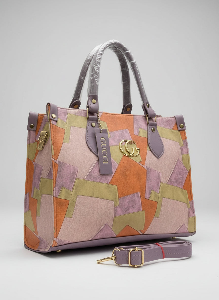 Gucci handbag with geometric pattern on a wooden surface, featuring the Gucci logo and 'Premium Quality' text.