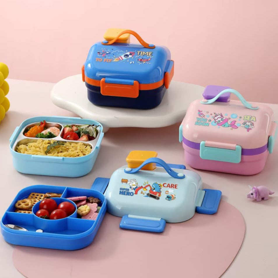 Set of colorful children's lunch boxes with cartoon designs on a pink surface.