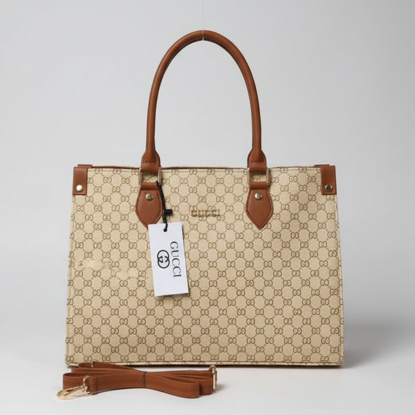 Beige handbag with brown handles and accents on a white surface