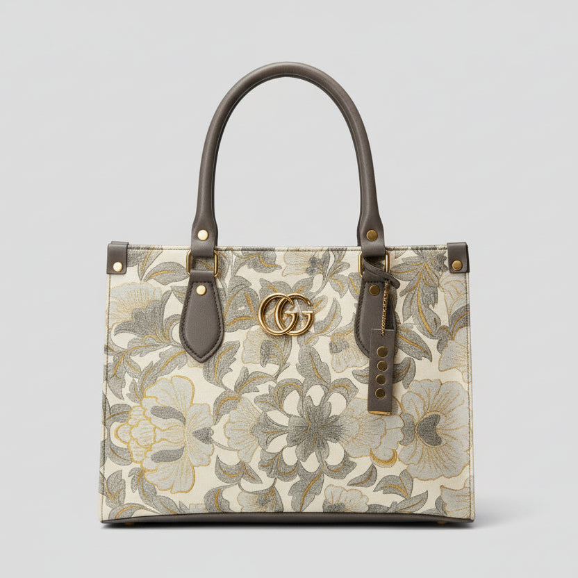 Floral patterned handbag with a brand logo on a blurred background