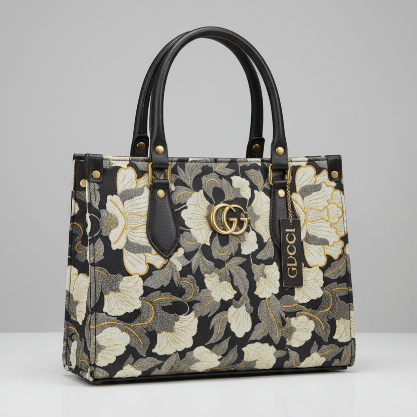 Floral patterned handbag with Gucci logo on a blurred background