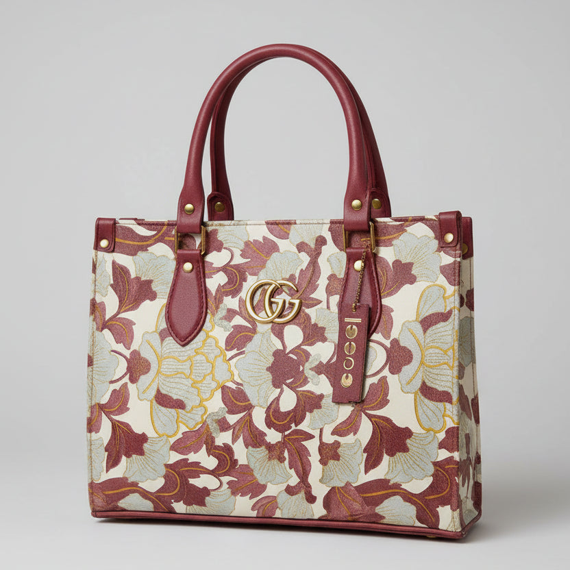 Floral patterned handbag with a prominent brand logo on a blurred background