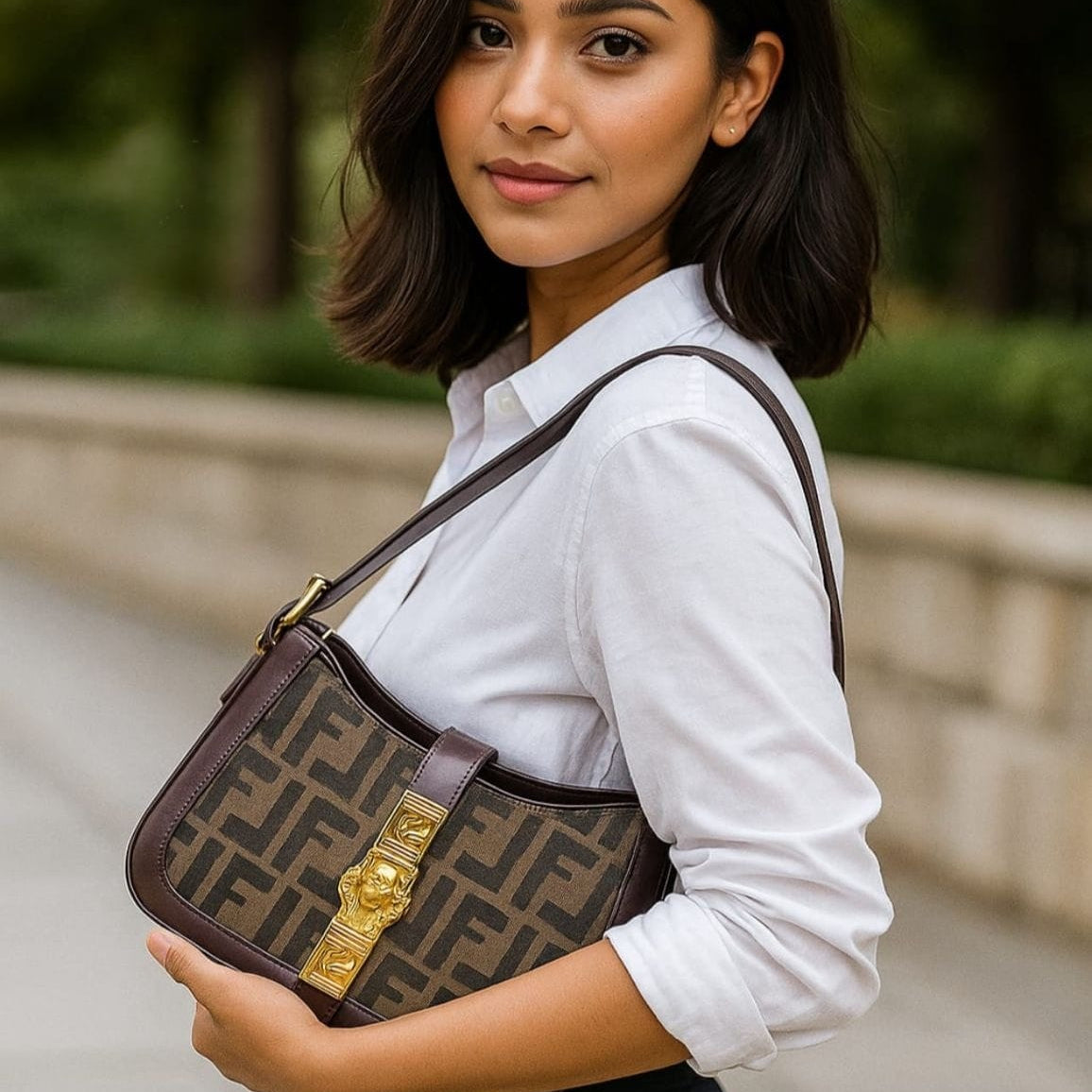 Woman holding a patterned handbag outdoors