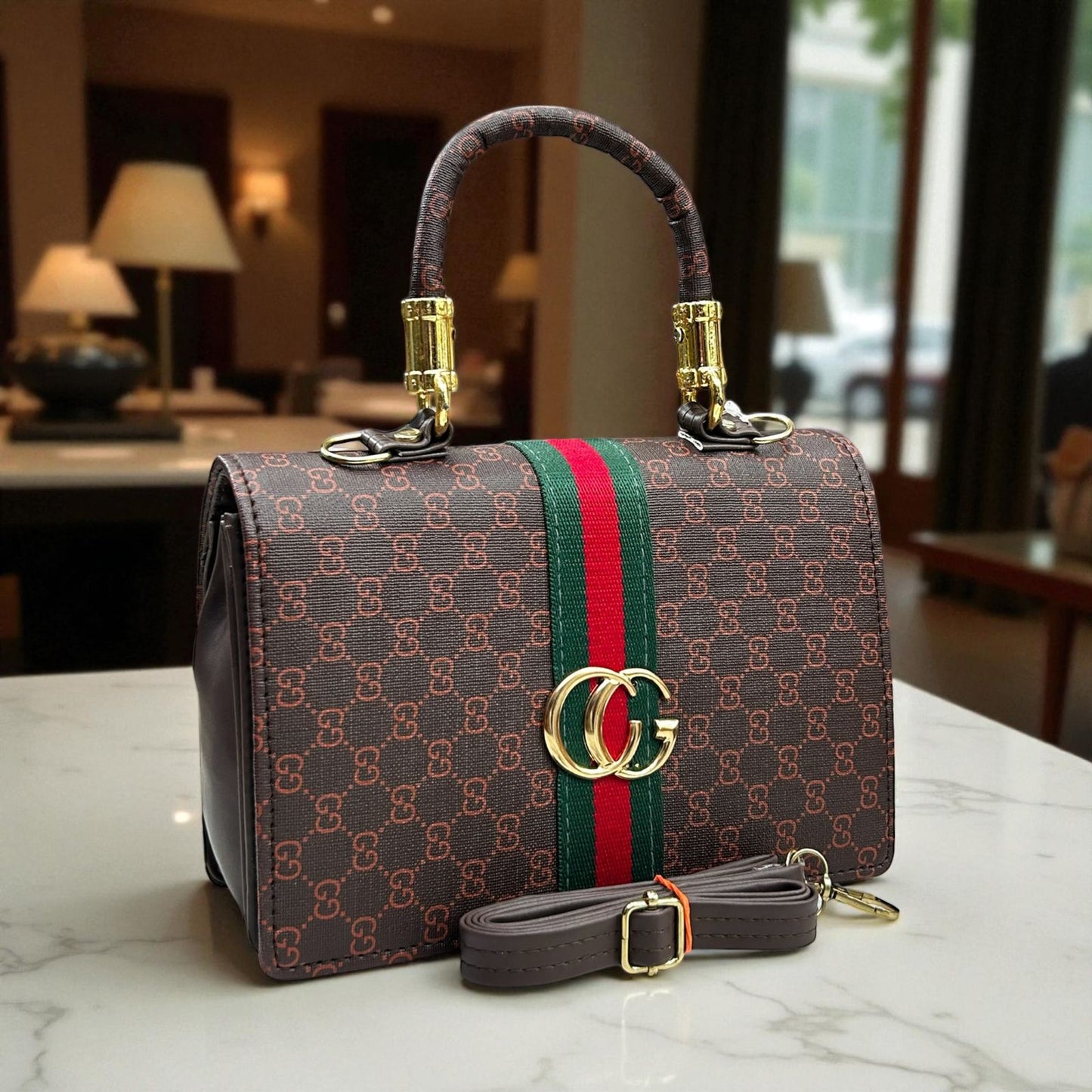 Gucci Handbag + Sling | Fancy Stylish PU Leather | Adjustable Long Belt | 2 Compartment Design