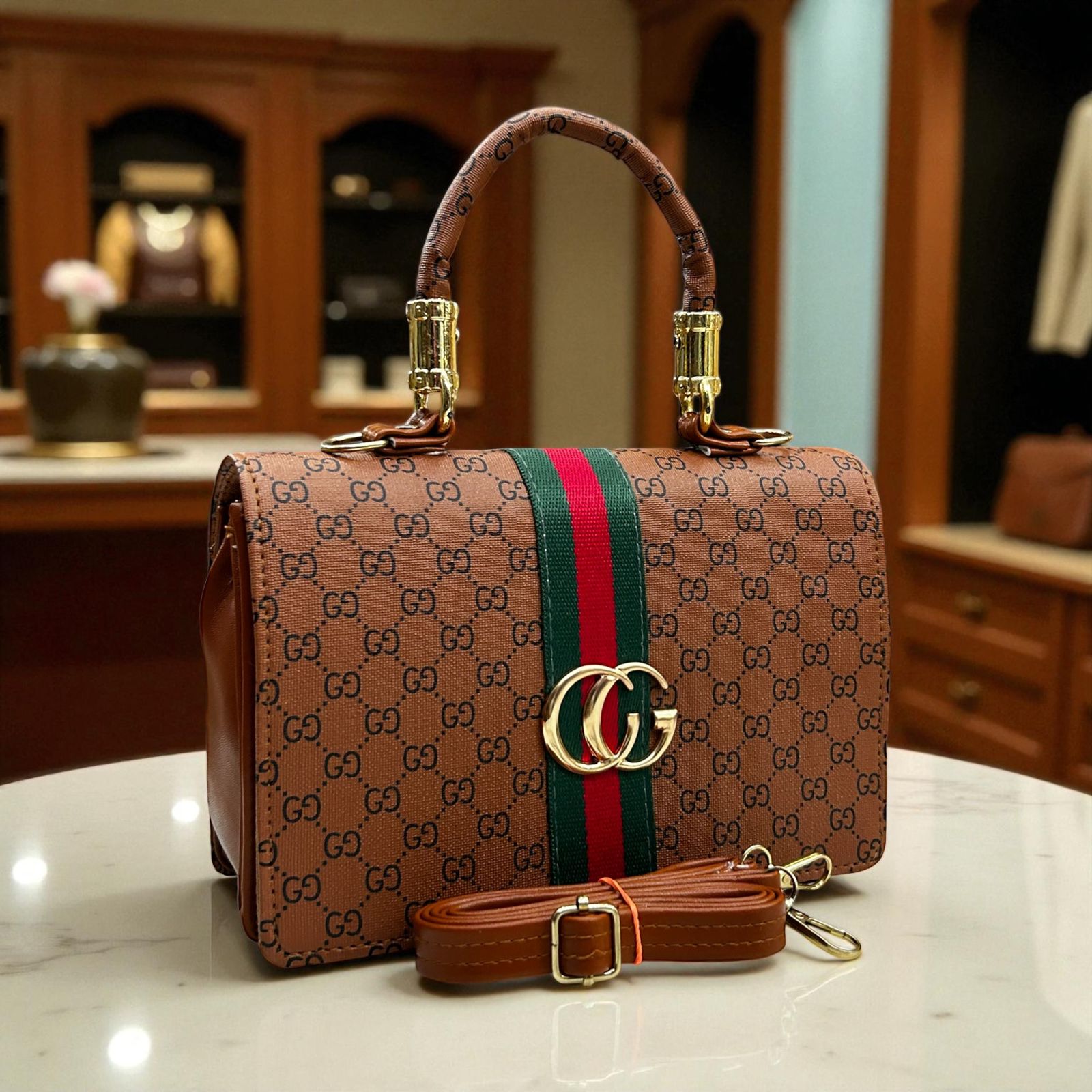 Gucci Handbag + Sling | Fancy Stylish PU Leather | Adjustable Long Belt | 2 Compartment Design