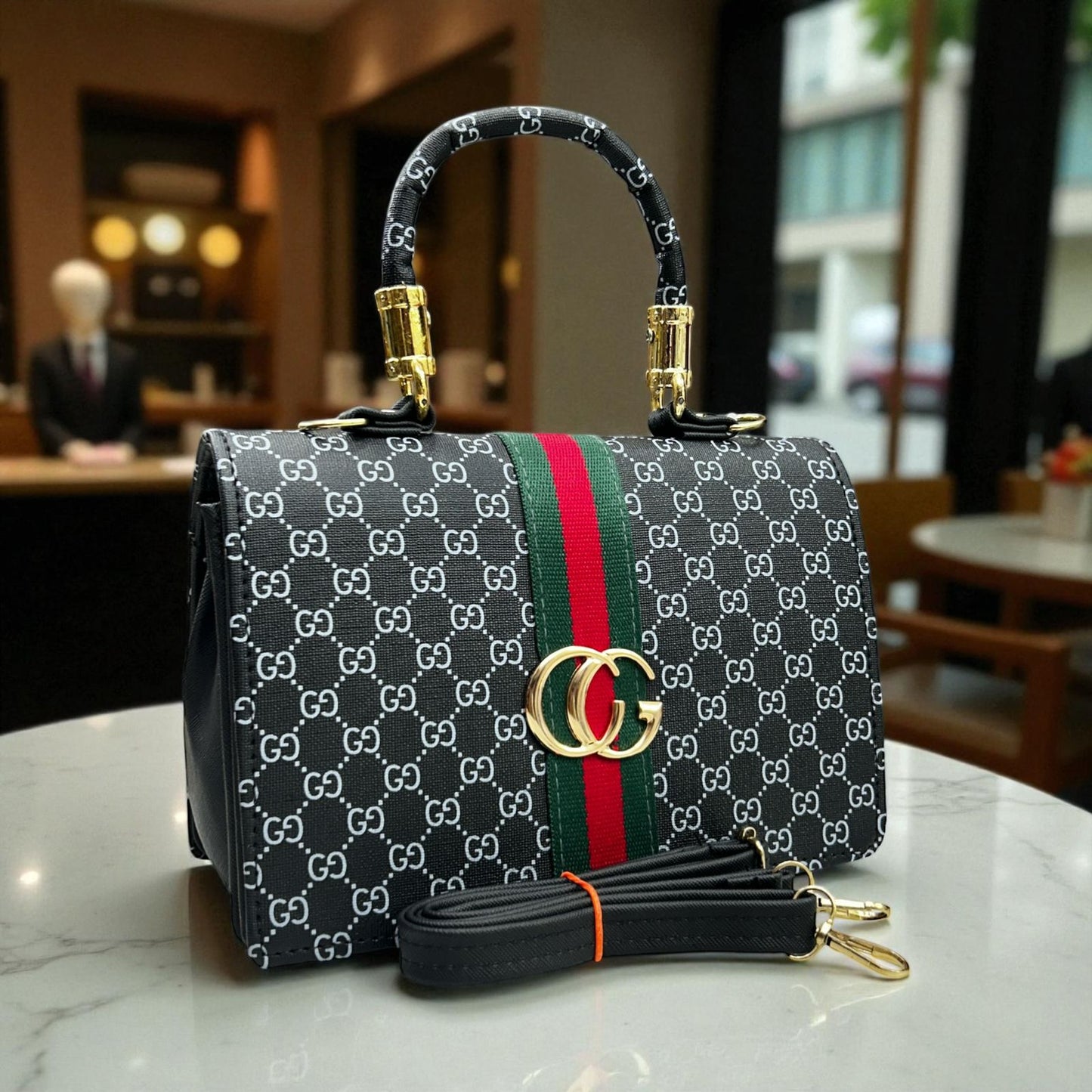 Gucci handbag with distinctive pattern and logo on a marble surface
