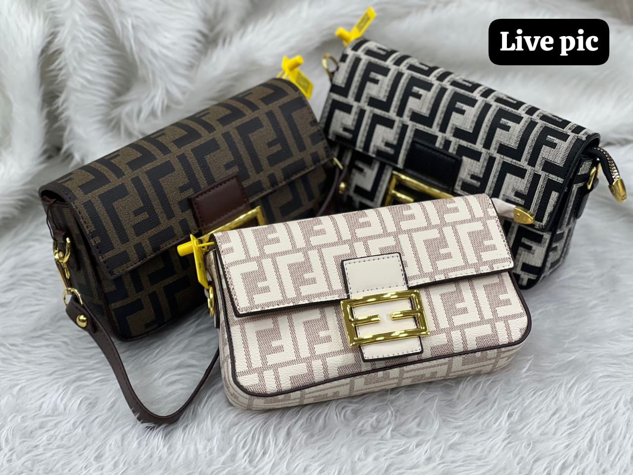 Three patterned handbags on a white textured surface with 'Live pic' text.