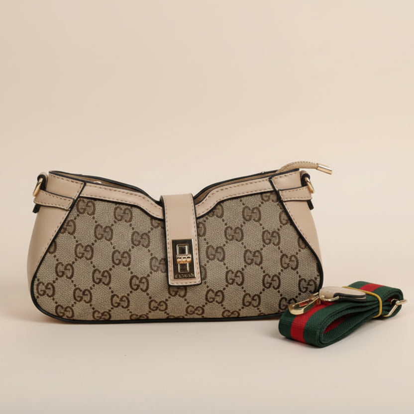 Beige Gucci Moon Side Mini Sling Bag handbag with monogram pattern and detachable strap on a beige background