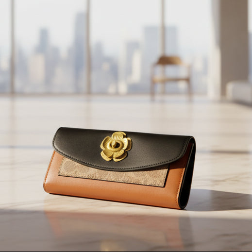 Coach wallet with gold flower emblem on a beige surface, featuring the Coach logo.