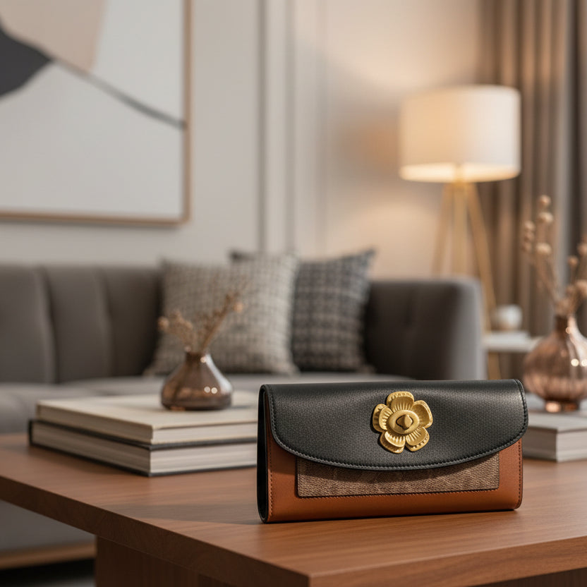 Coach leather products including a black clutch, brown wallet, and packaging on a wooden surface.