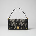 Black Fendi Sling Bag Fendi handbag on a wooden table with Fendi logo in the background
