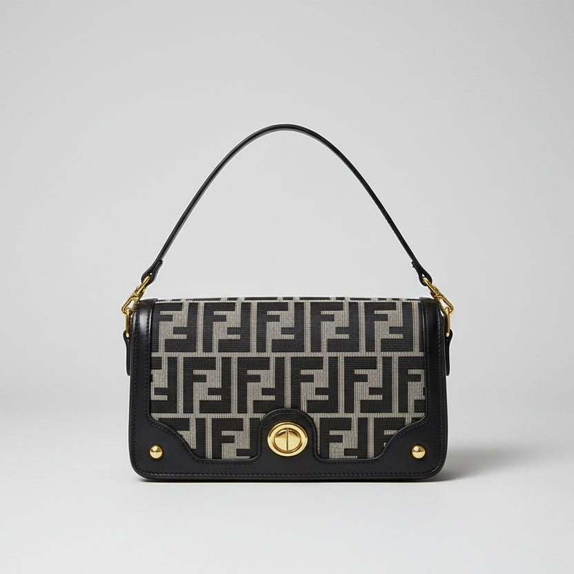 Black Fendi Sling Bag Fendi handbag on a wooden table with Fendi logo in the background