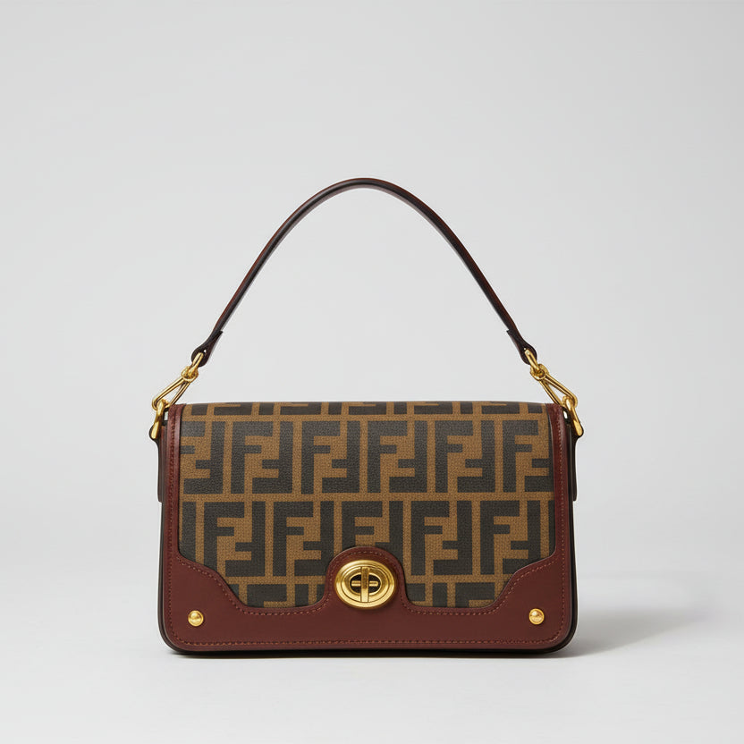 Brown Fendi Sling Bag  Designer handbag with a distinctive pattern on a light gray background