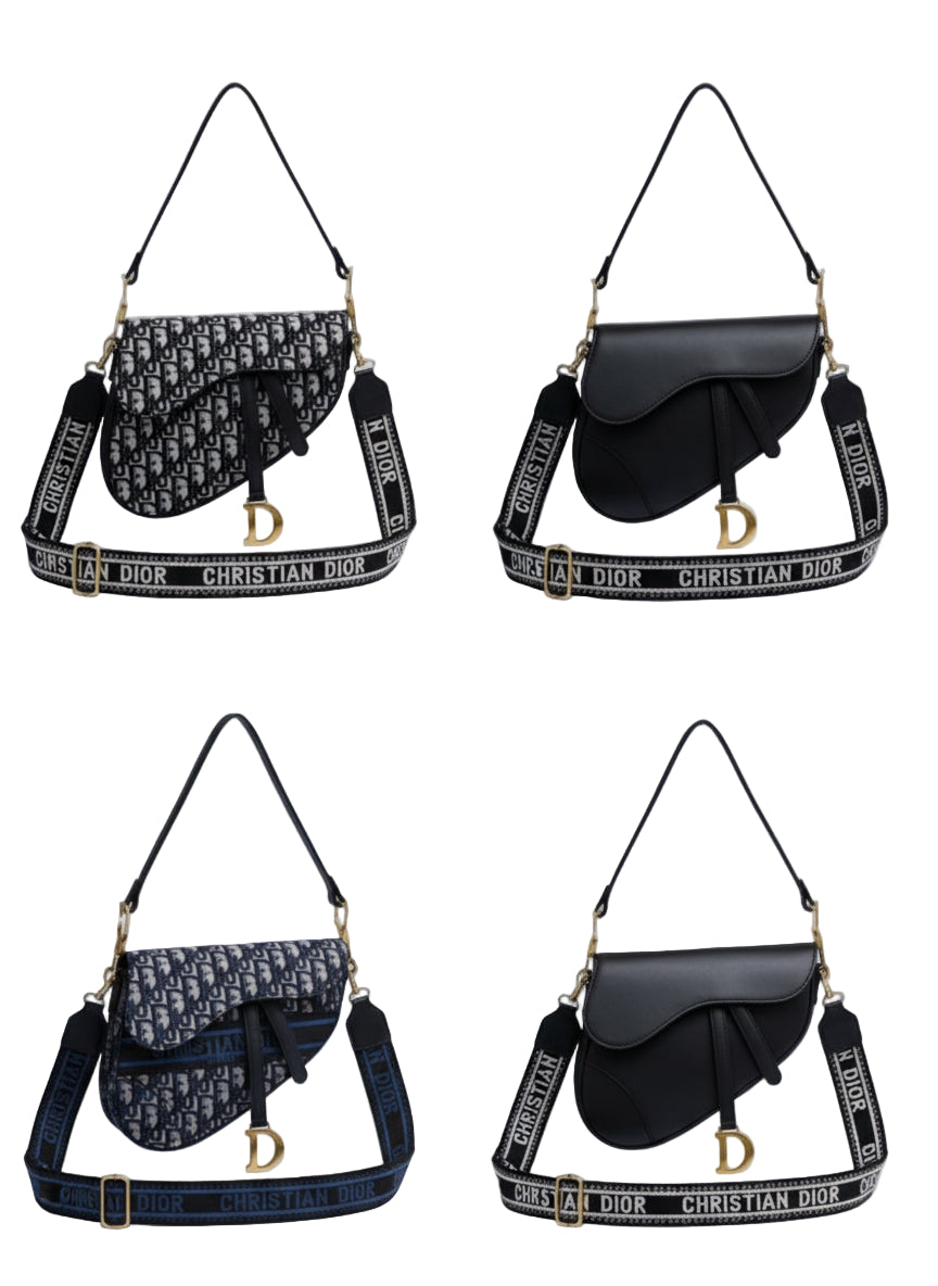 Collage of Christian Dior handbags in black and blue with visible brand logo.