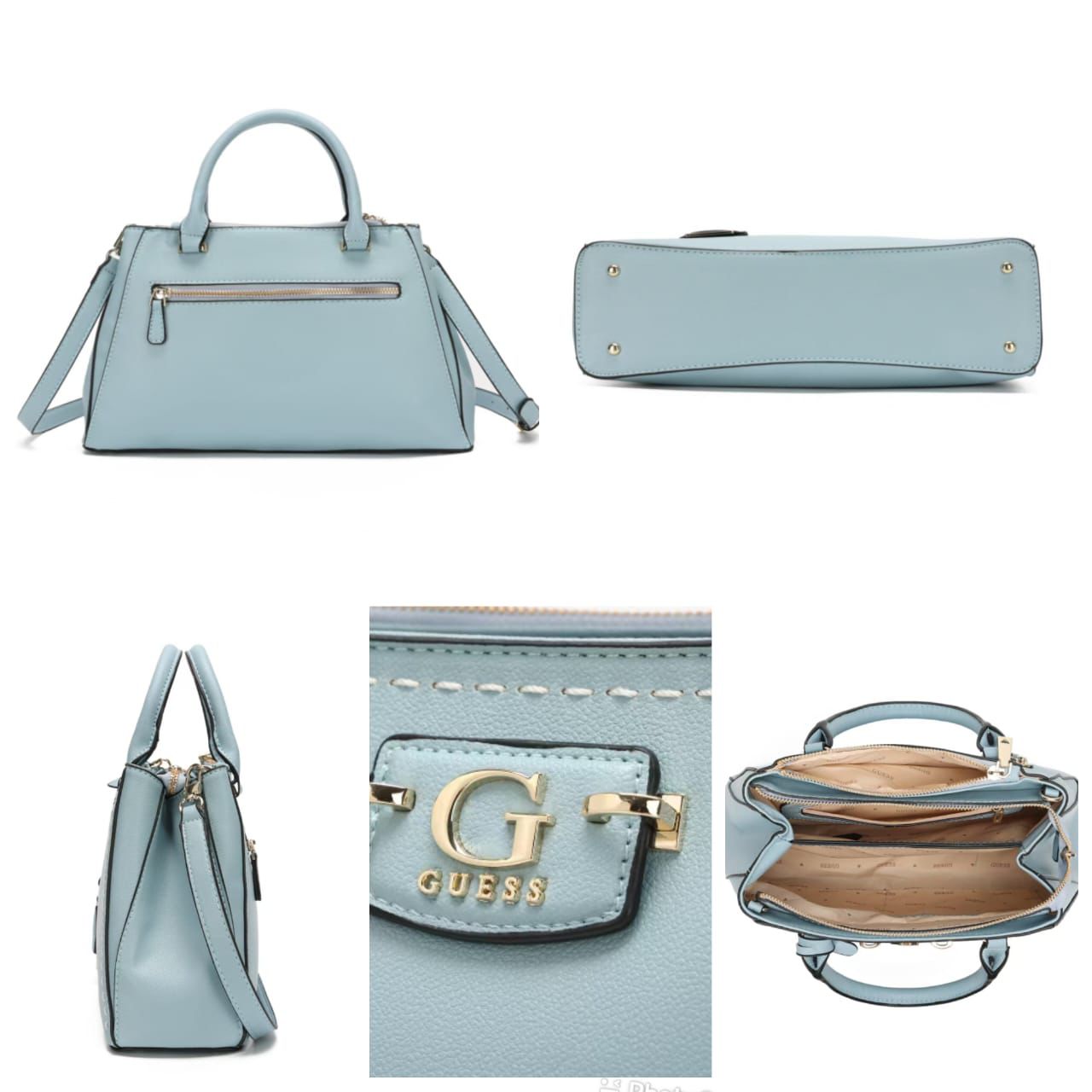 Sky blue Guess Premium Quality Handbag with Full Brand Detailing and Dust Cover Collage of a light blue handbag with multiple views on a white background