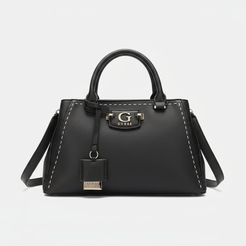 Black Guess Premium Quality Handbag with Full Brand Detailing and Dust Cover  handbag with gold accents on a light gray background