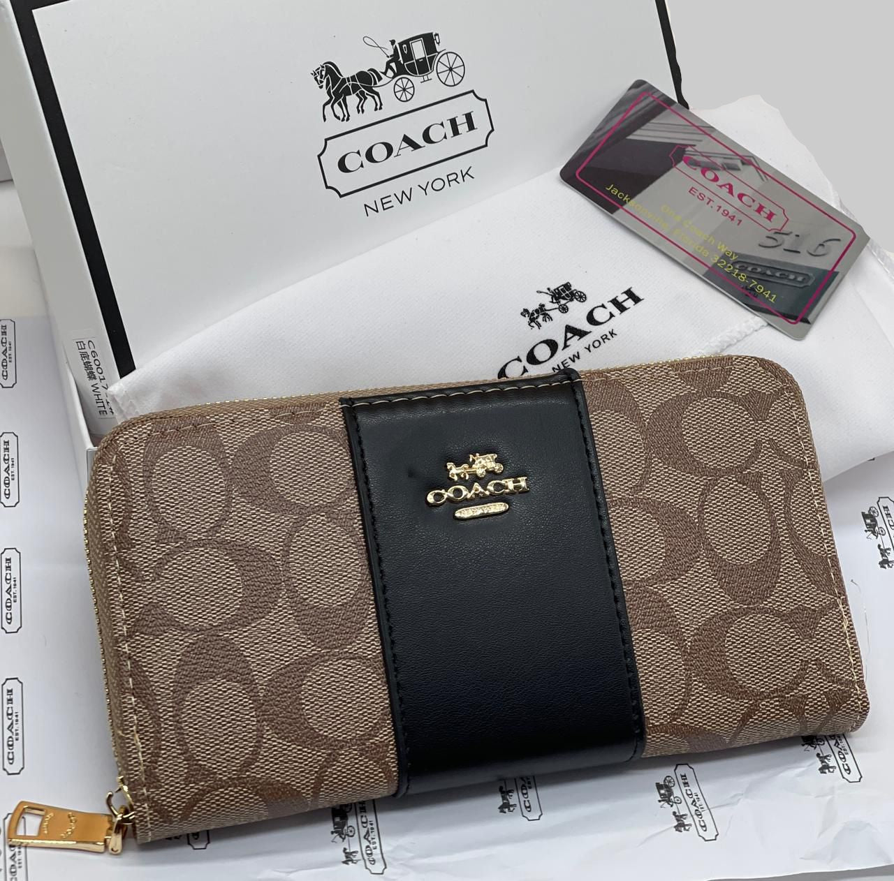 Black Premium Coach-Style Women’s Long Wallet Coach wallet with black accent on a Coach branded surface