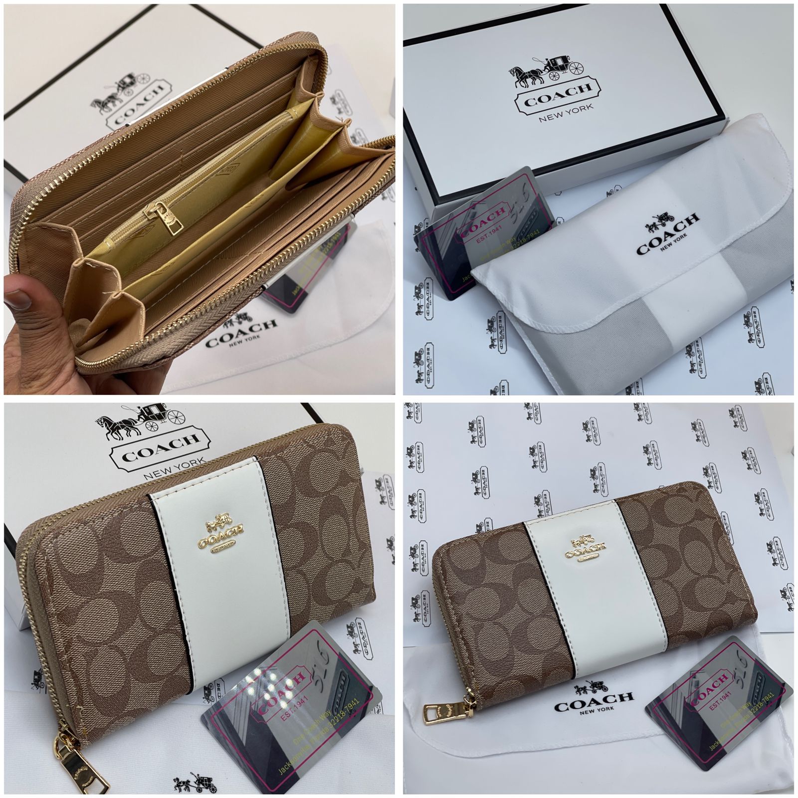 White Premium Coach-Style Women’s Long Wallet Collage of Coach wallets and packaging on a branded background