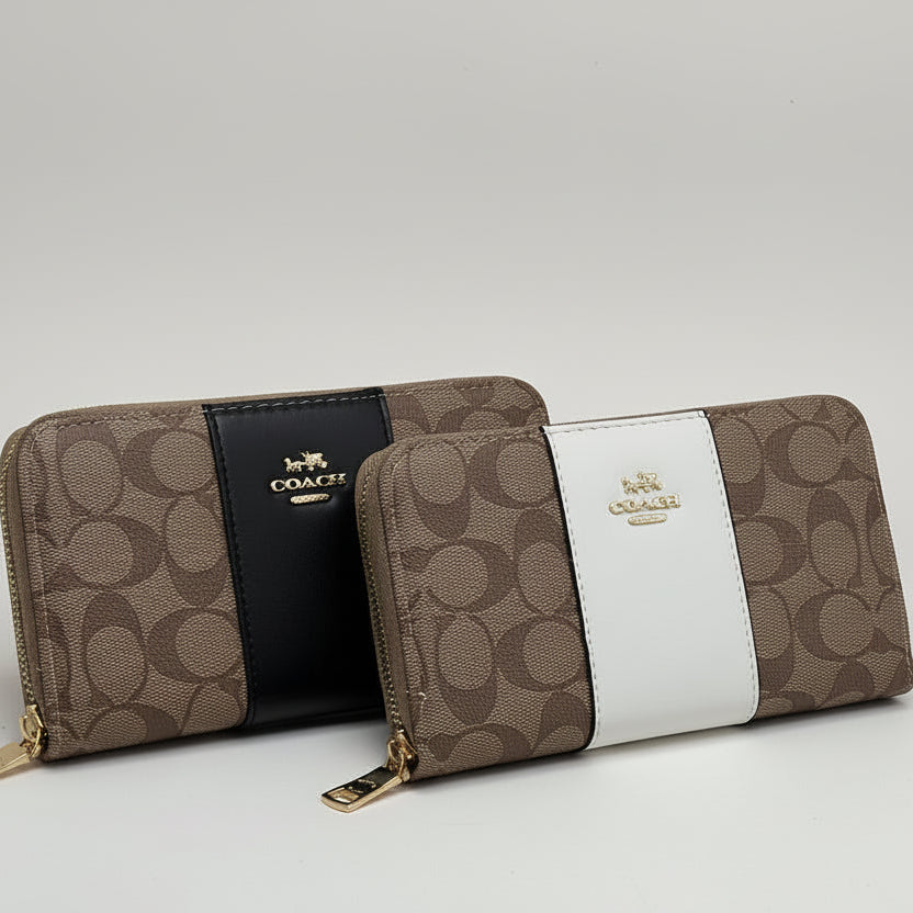 Coach wallets with a box and card on a white background