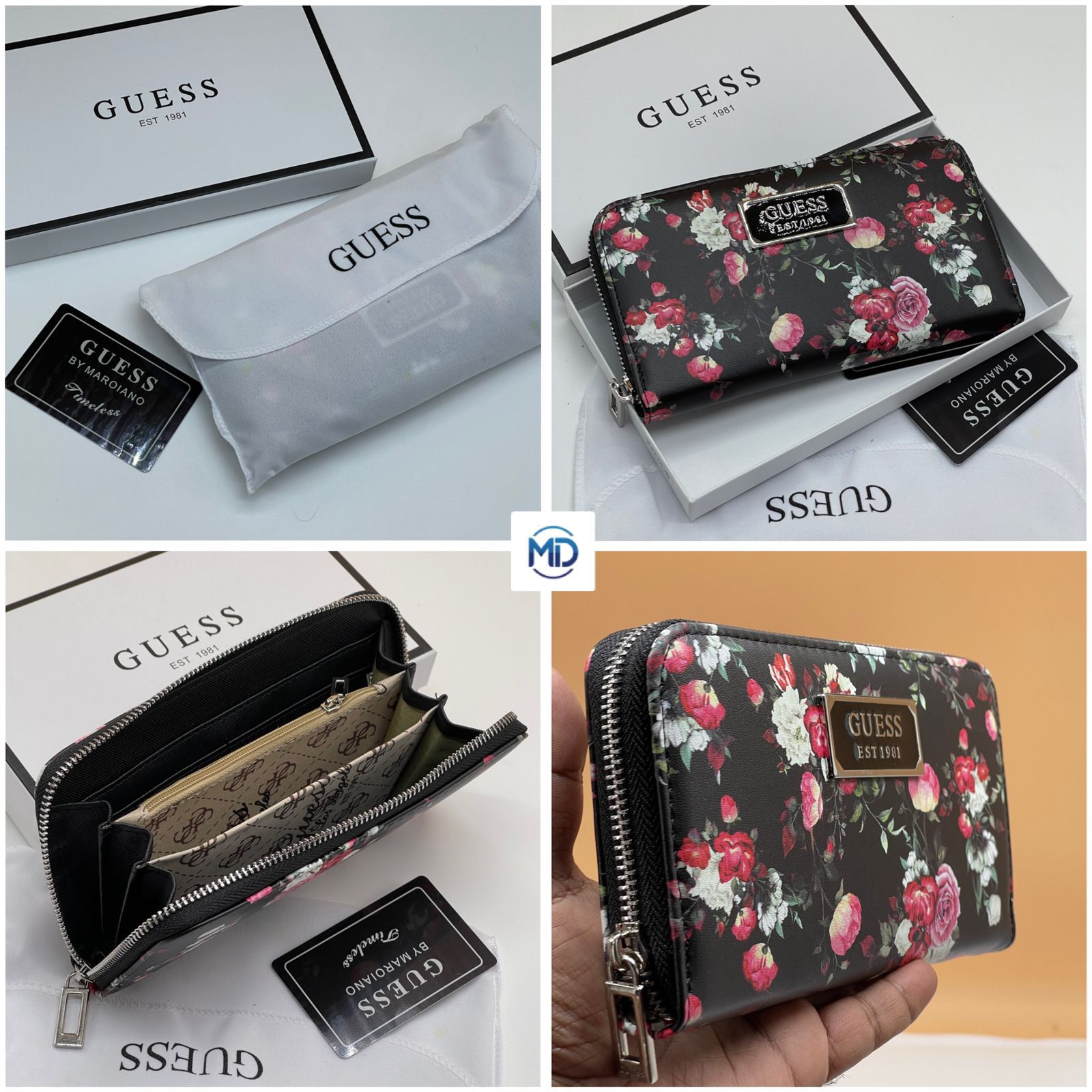 Black Collage of Guess wallets with floral design and branded packaging.