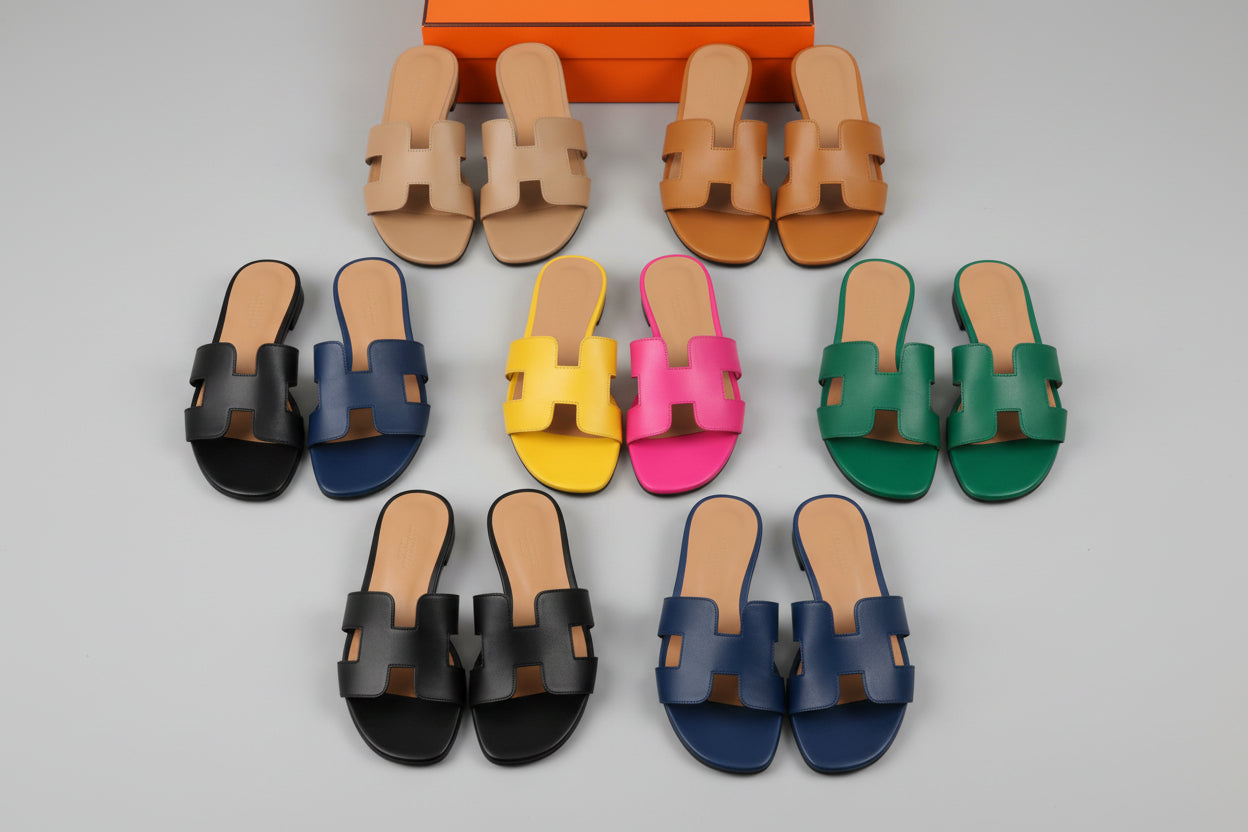 HERMES Oran Velvet women heels Colorful sandals with a logo on a white surface