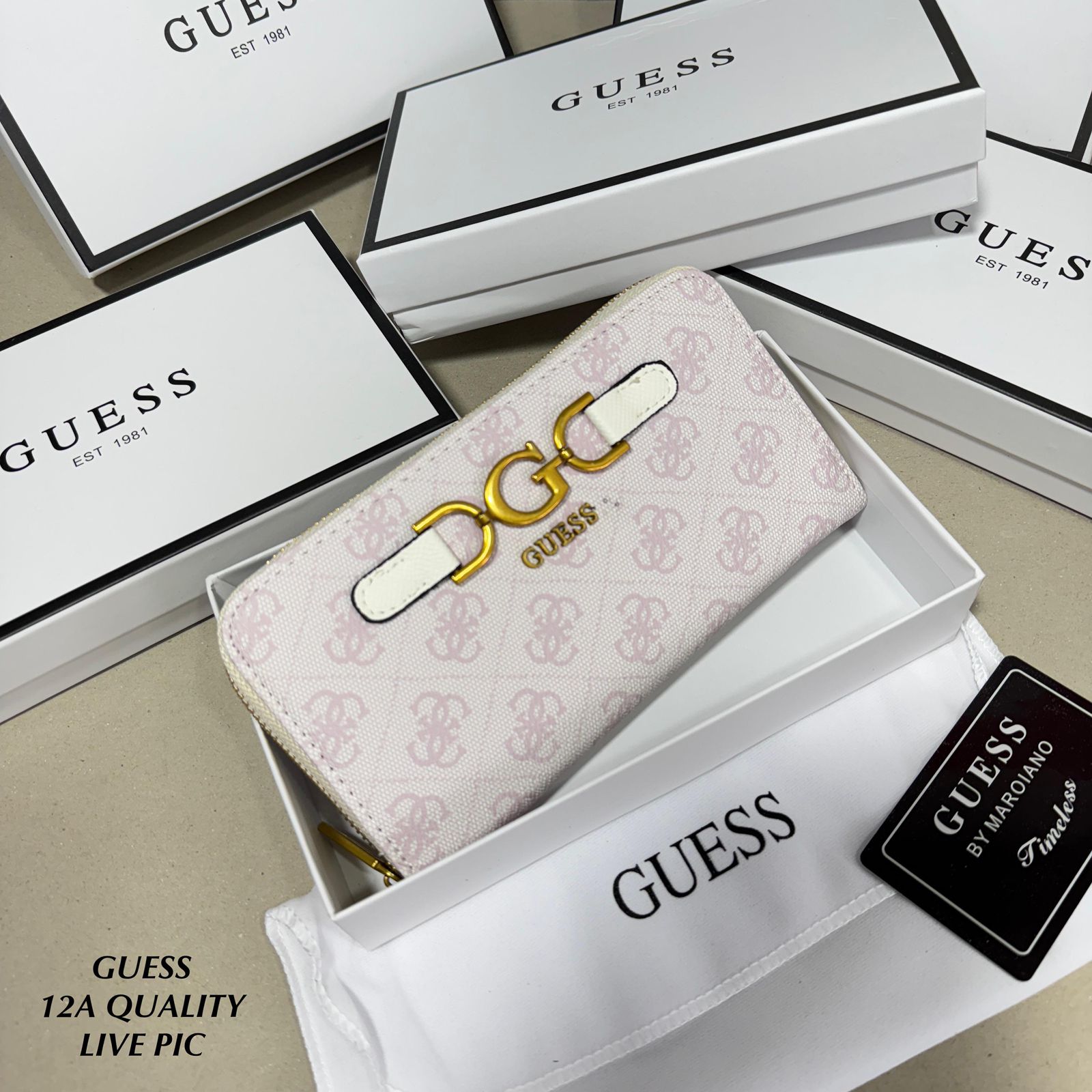 White Premium Guess Big Size Zipper Wallet Guess wallet in a box with branding visible