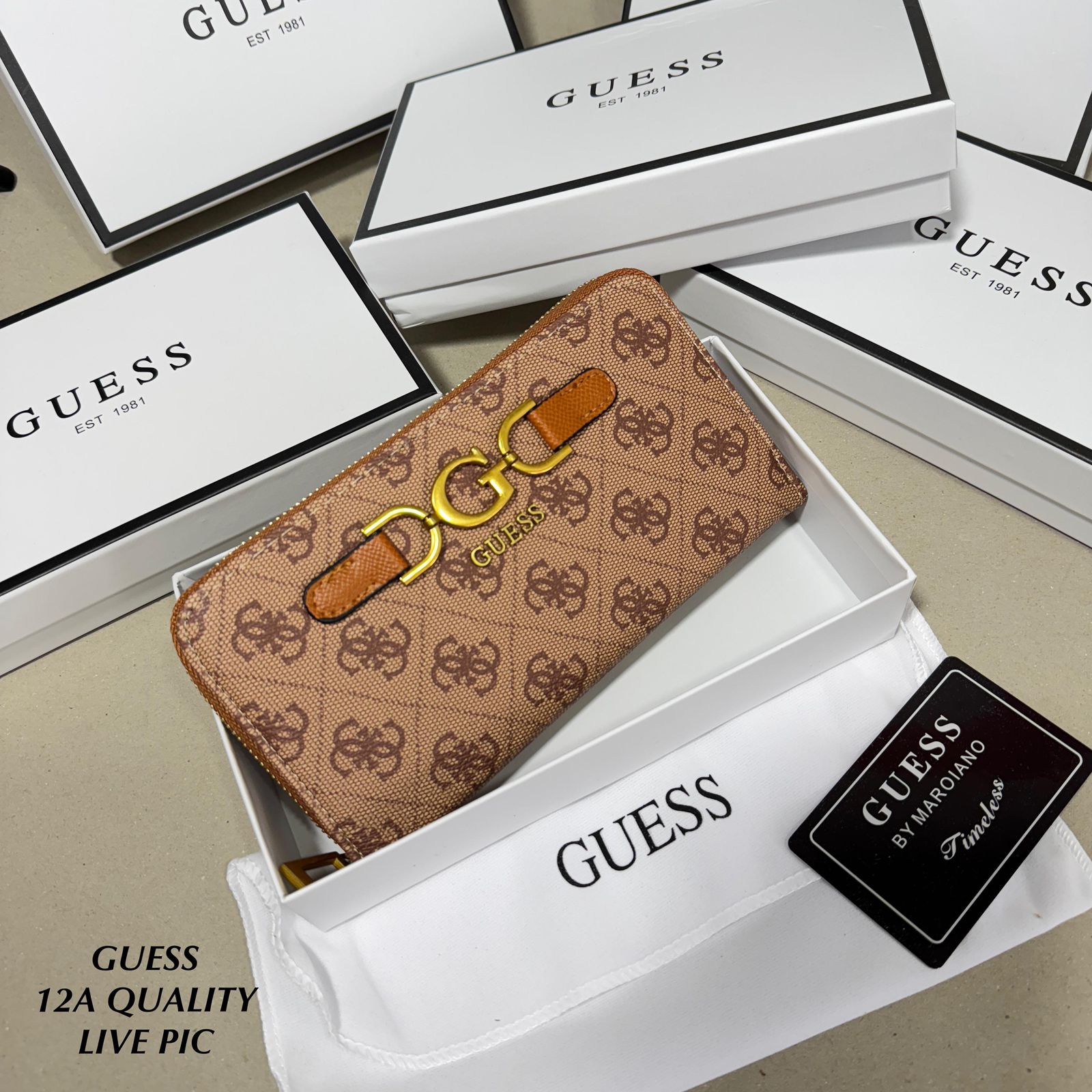 Brown Premium Guess Big Size Zipper Wallet Guess wallet with logo and gold buckle in a branded box
