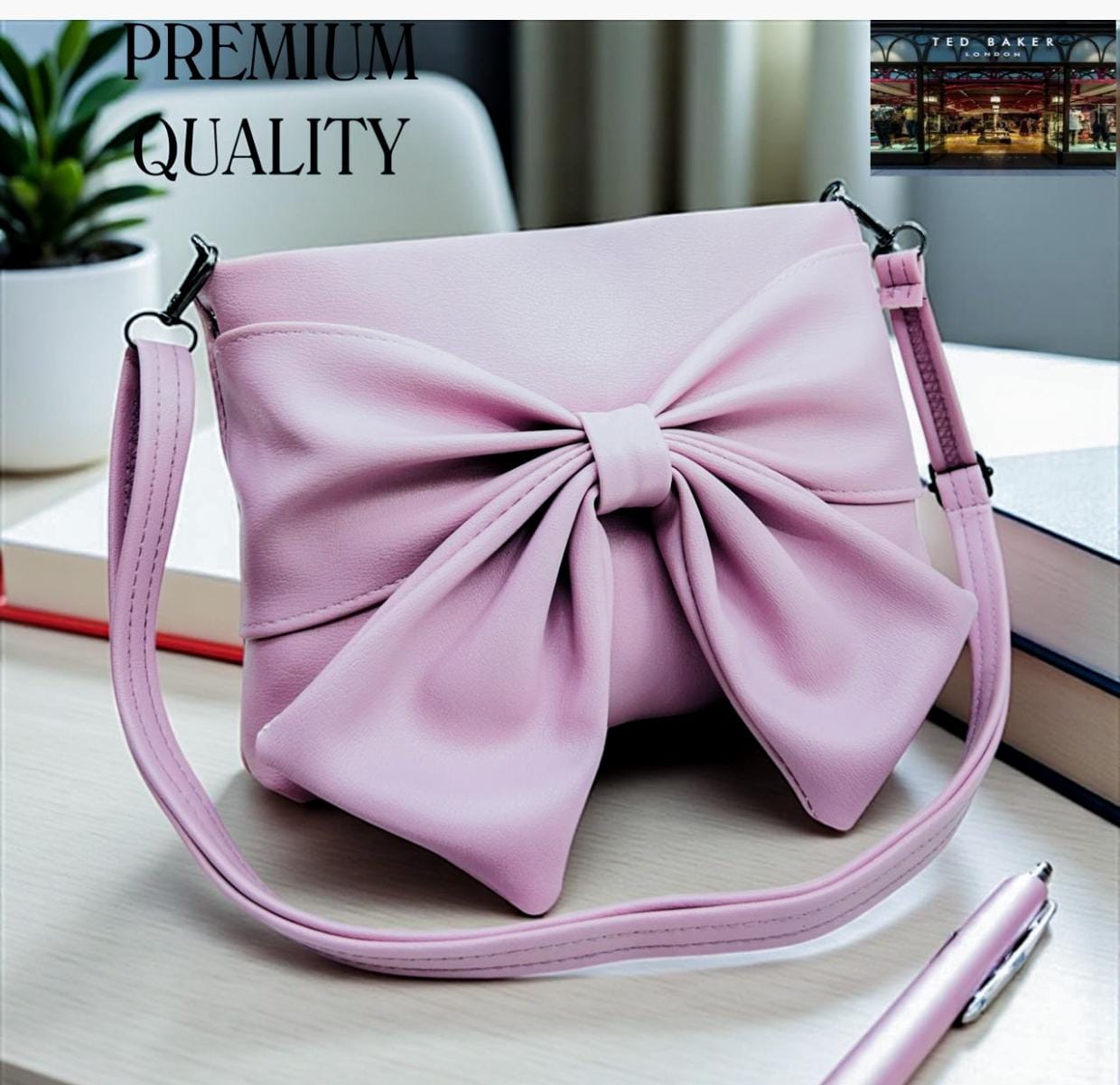 Pink TED BAKER London Premium Sling Bag handbag with a large bow on a surface, labeled 'Premium Quality'.