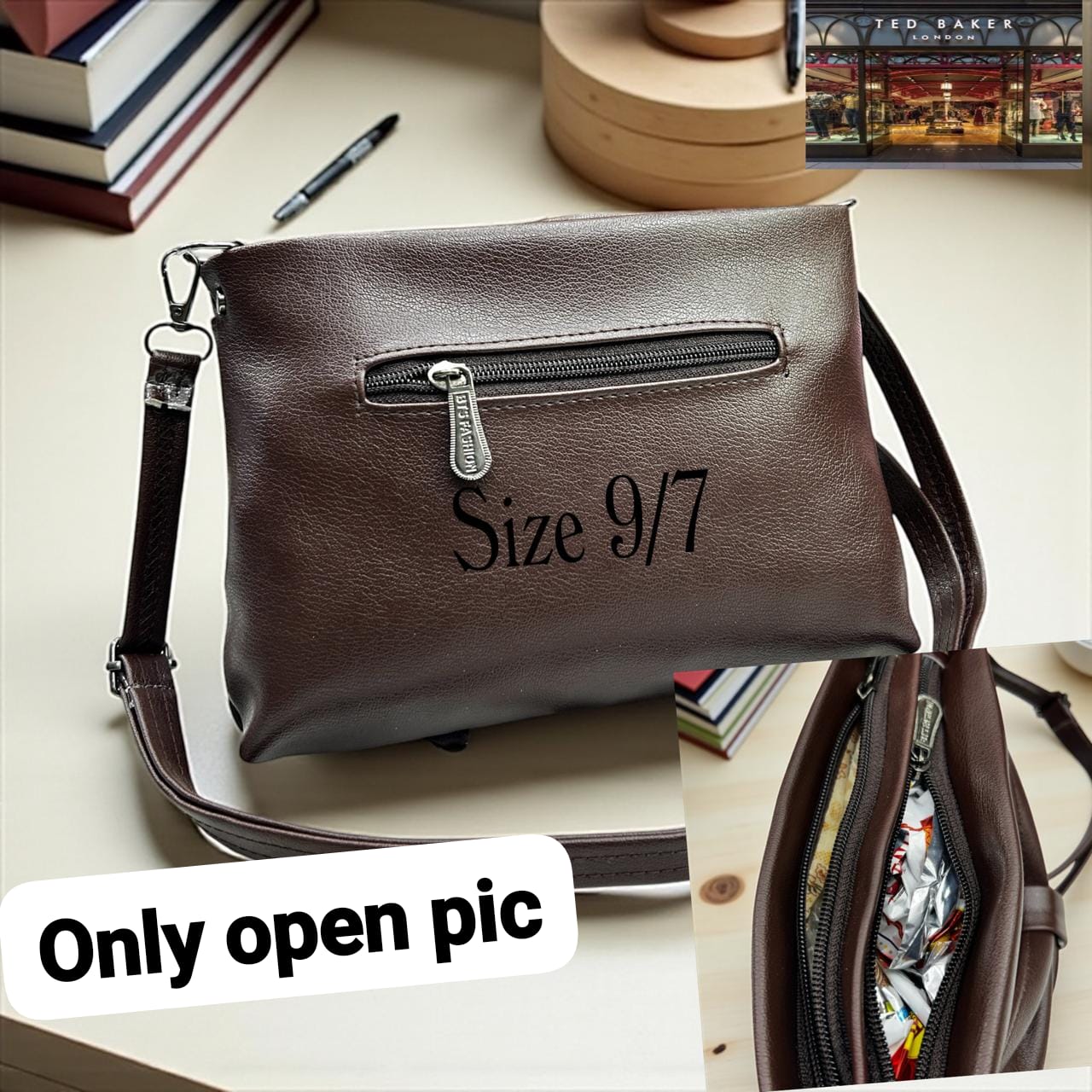 Tan TED BAKER London Premium Sling Bag handbag with 'Size 9/7' text on a surface with books and a pen.