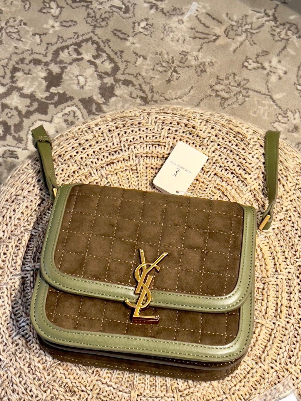 Tan Yves Saint Laurent YSL Premium Shoulder Bag Green quilted handbag with a brand logo on a textured surface