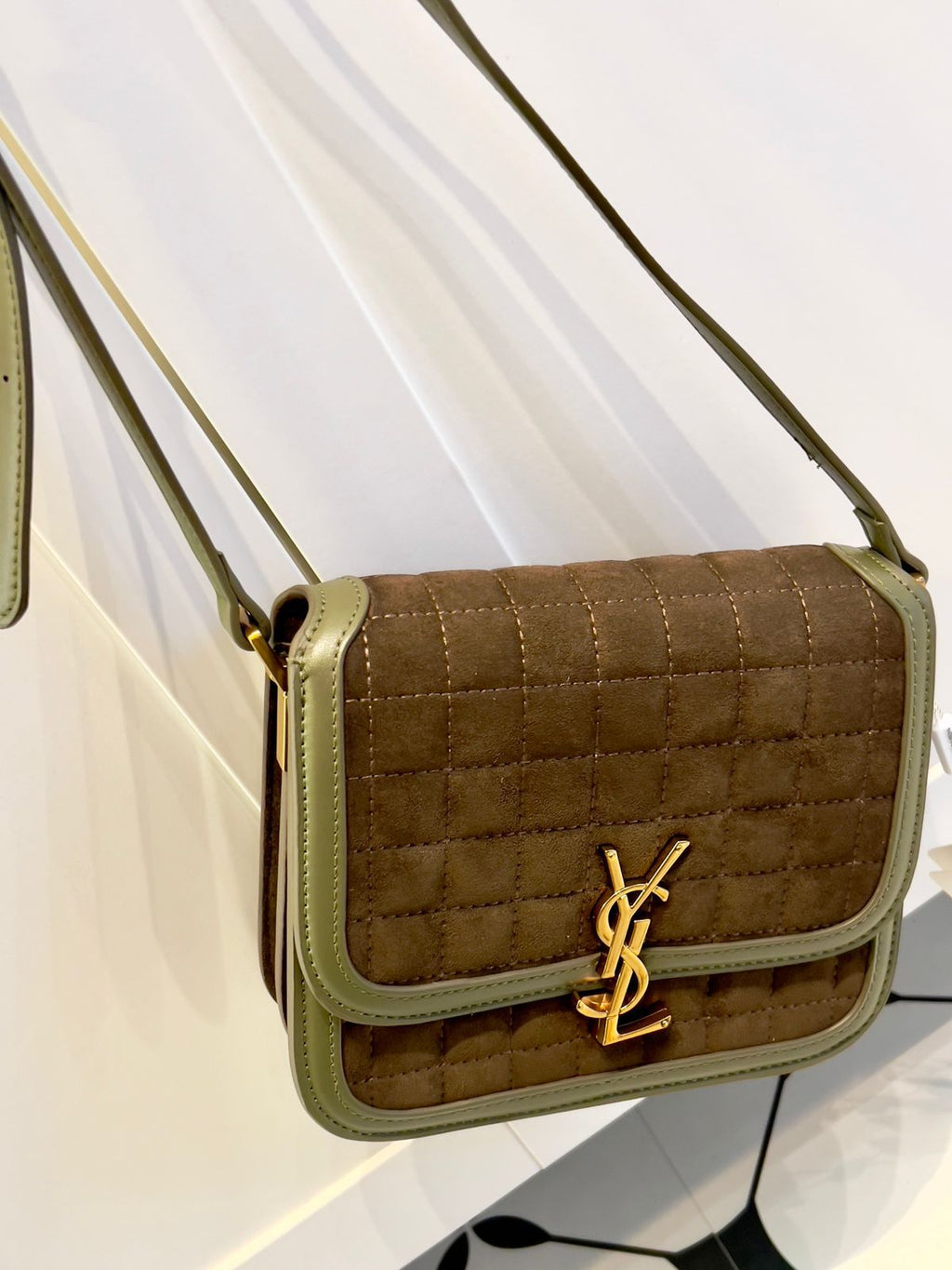 Tan Yves Saint Laurent YSL Premium Shoulder Bag quilted handbag with a gold logo on a white background