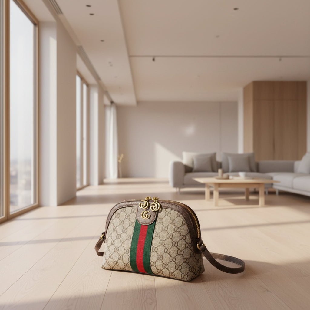 Gucci Ophidia Small Shoulder Bag Designer handbag with brand logo and color stripes on a white background