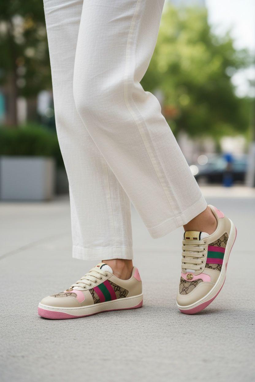 Gucci Women’s Premium Sneakers Beige sneakers with pink accents worn with white pants on a blurred outdoor background