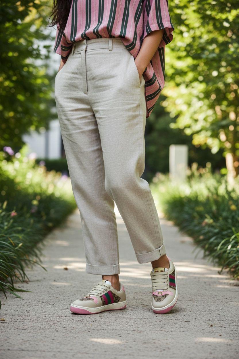 Gucci Women’s Premium Sneakers Person wearing a striped shirt, beige pants, and sneakers in a garden setting