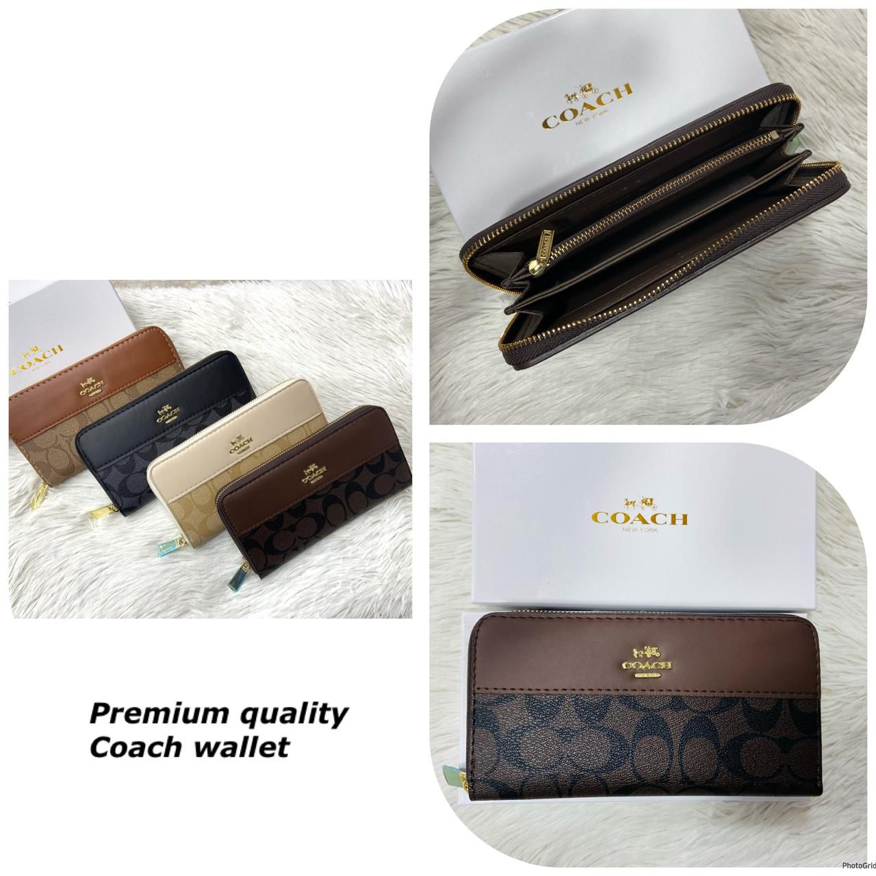 Collage of Coach wallets in various colors on a textured surface.