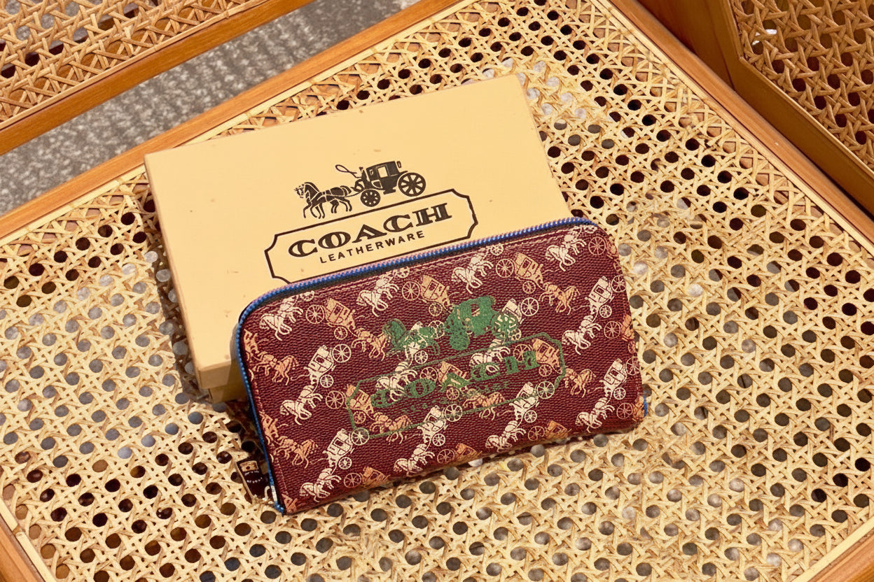 Red Coach Charter Signature Wallets for Women Coach wallet with brand logo on a textured surface