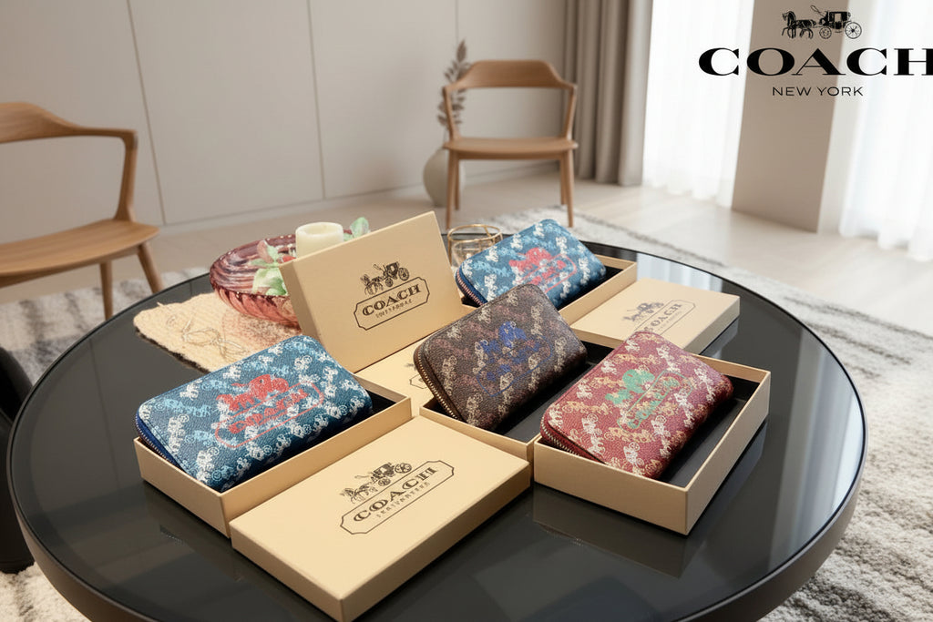 Coach wallets in various designs on a reflective surface with 'Coach' branding.
