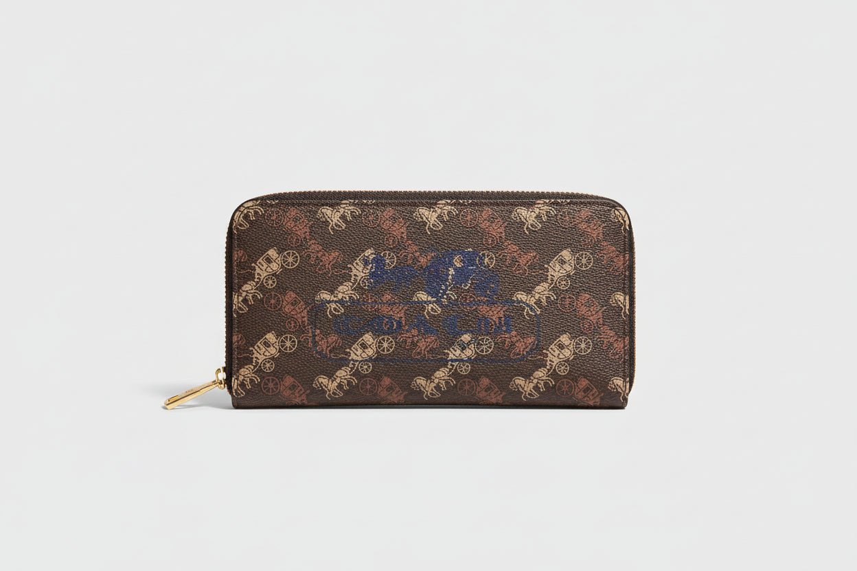 Brown Coach Charter Signature Wallets for Women Coach wallet with pattern and box on a glass table