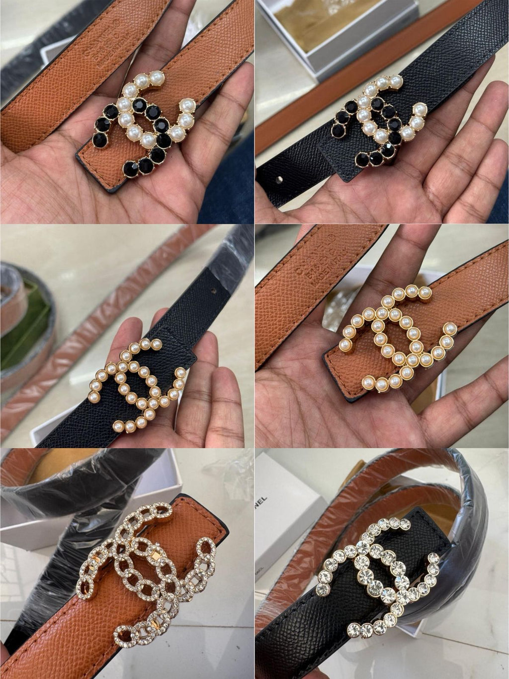 Brown and Black Chanel Studded Reversible Belt Collage of belt buckles with decorative elements on a neutral background