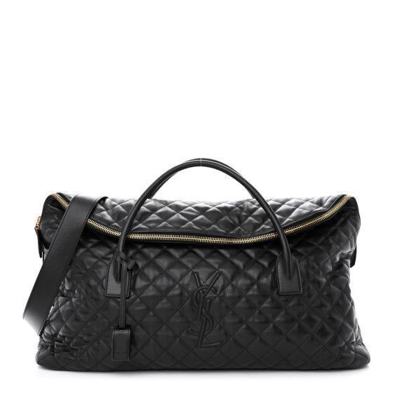 Black YSL Giant Quilted Leather Weekend Duffle Bag Black quilted handbag with a brand logo on a white background