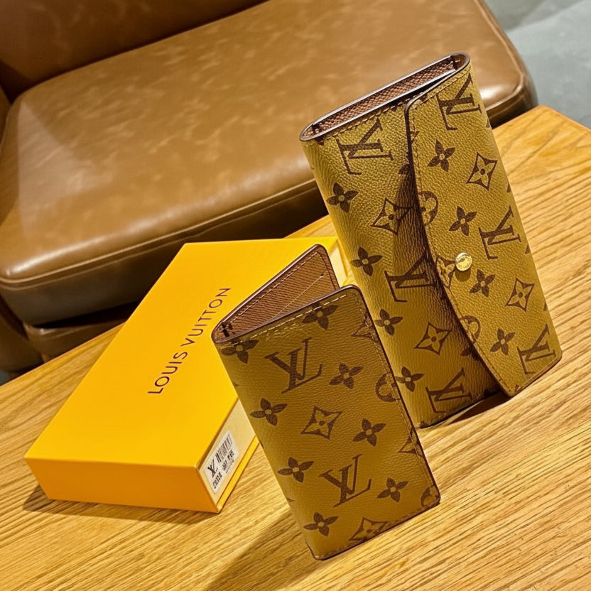 Louis Vuitton Women Wallet and box on a wooden surface