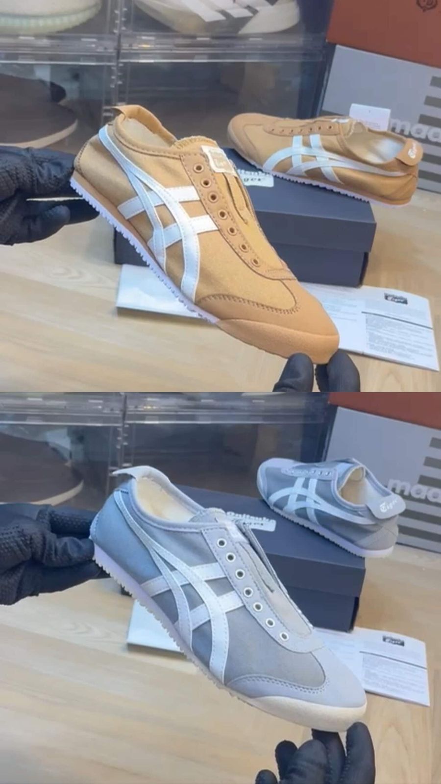 Two pairs of shoes on a wooden surface with a clear plastic container in the background.