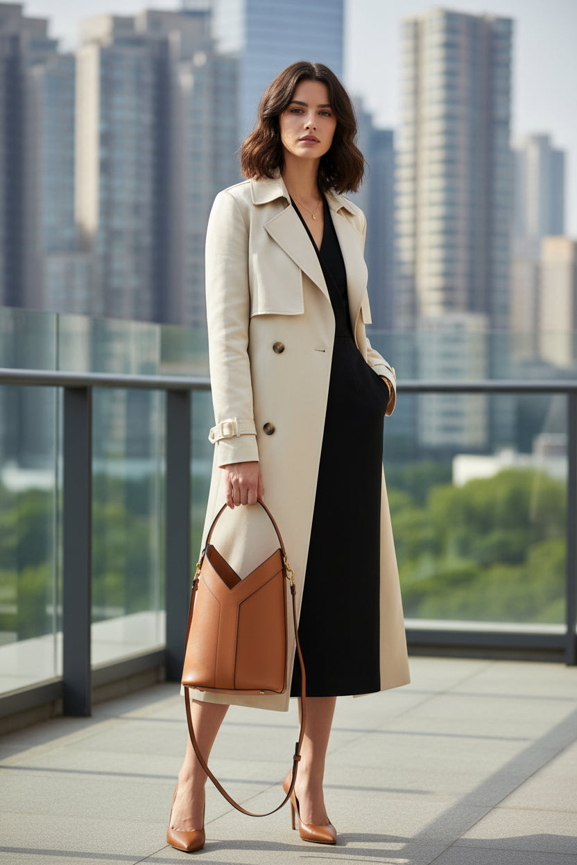 Brown YSL Y Top Handle Bucket Bag handbag held by a hand with a blurred background