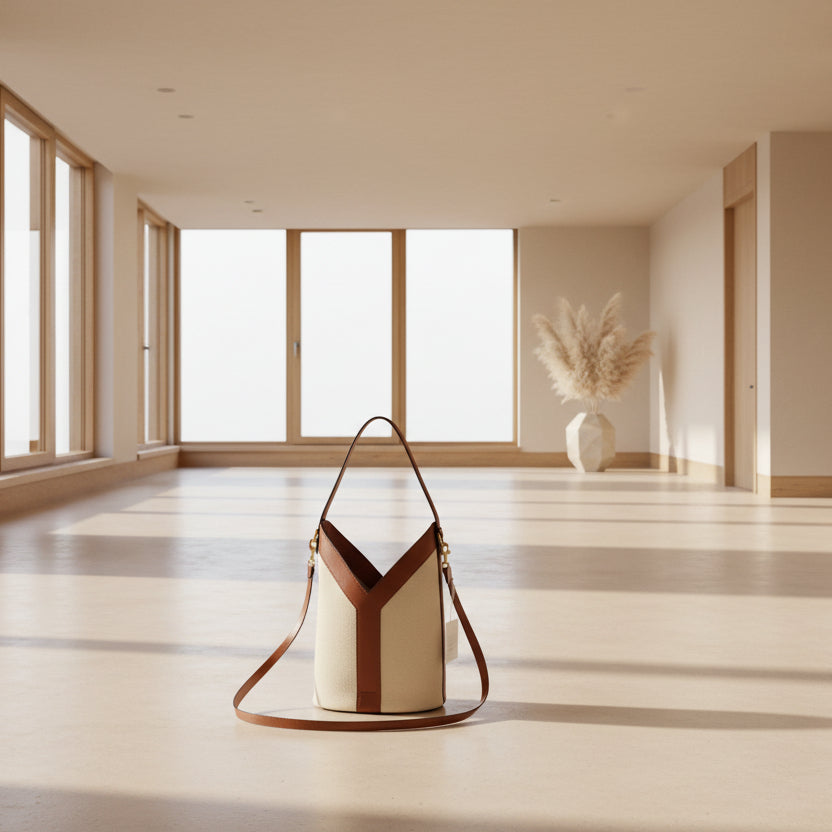 Beige Handbag with a geometric design on a white surface
