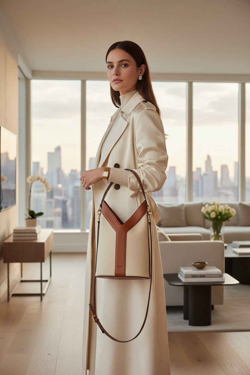 Beige YSL Y Top Handle Bucket Bag Designer handbag with visible brand name on a white surface